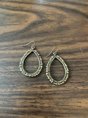 Antiqued Brass/Gold Tone Boho Beaded Cut Out Teardrop Earrings